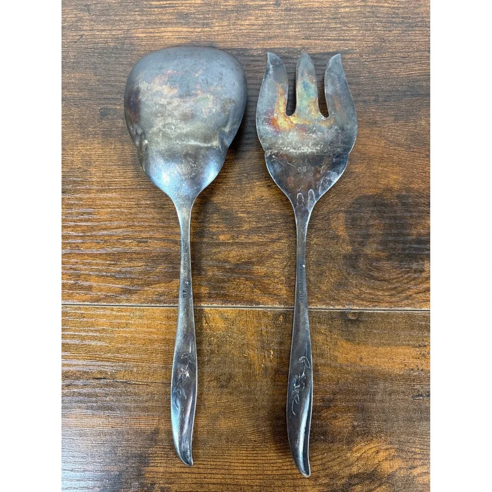 1847 Rogers Bros Daffodil Silverplate Salad Serving Set Fork Spoon Vintage 2pc